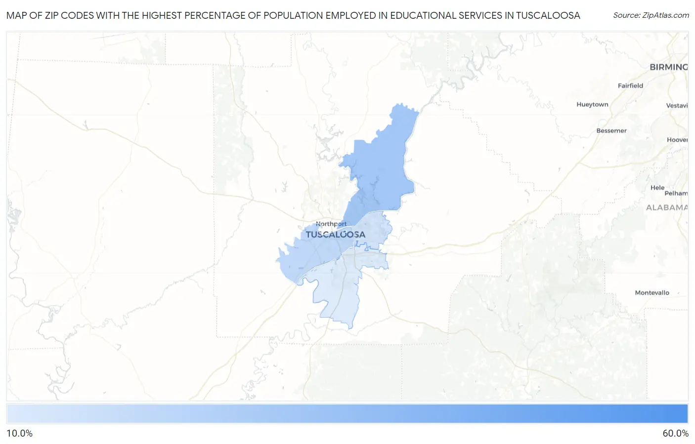 Zip Codes with the Highest Percentage of Population Employed in Educational Services in Tuscaloosa Map