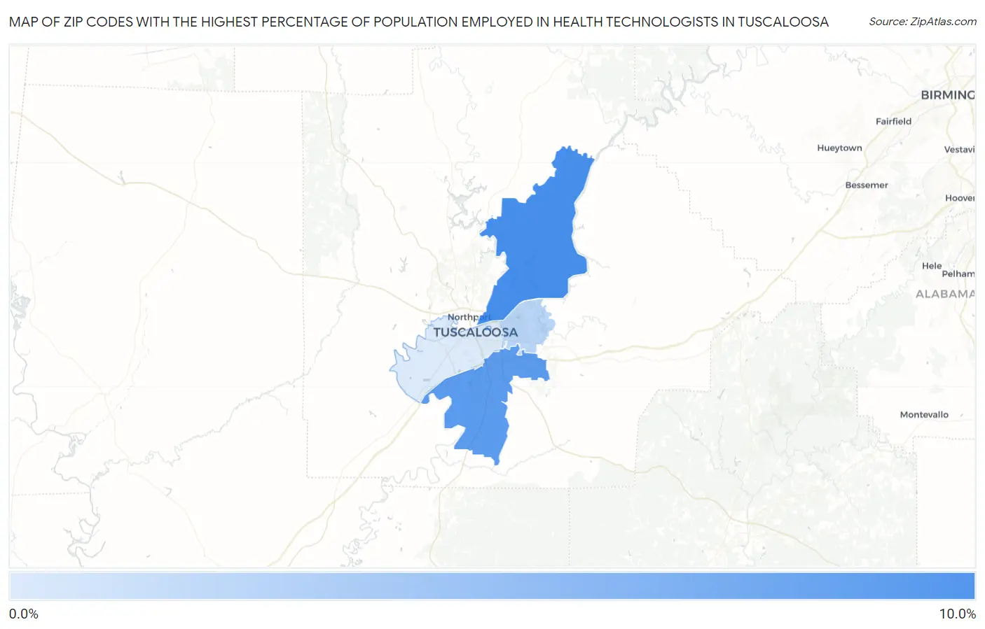Zip Codes with the Highest Percentage of Population Employed in Health Technologists in Tuscaloosa Map