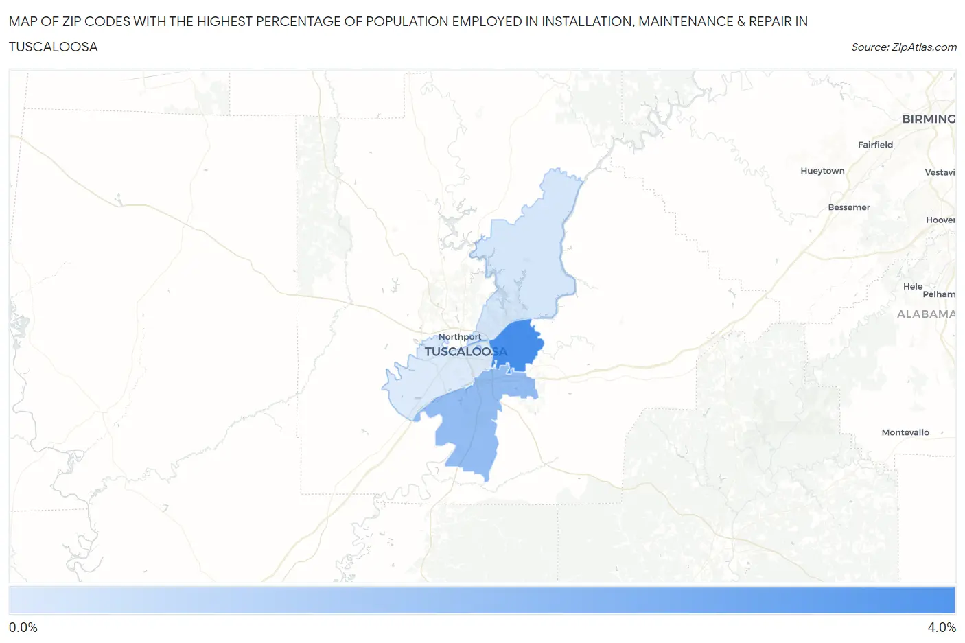Zip Codes with the Highest Percentage of Population Employed in Installation, Maintenance & Repair in Tuscaloosa Map