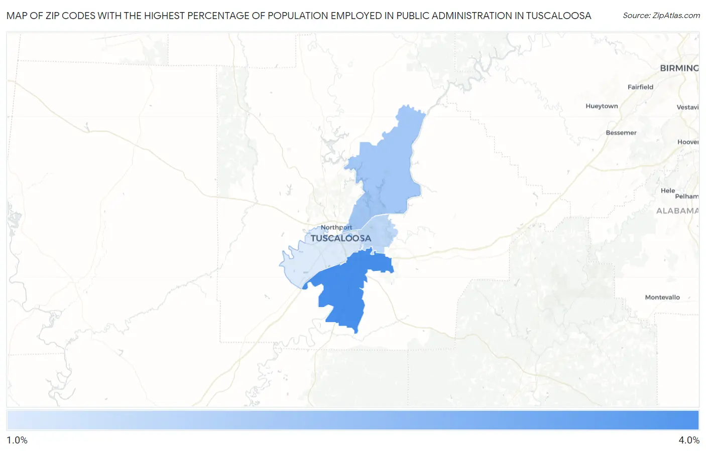 Zip Codes with the Highest Percentage of Population Employed in Public Administration in Tuscaloosa Map