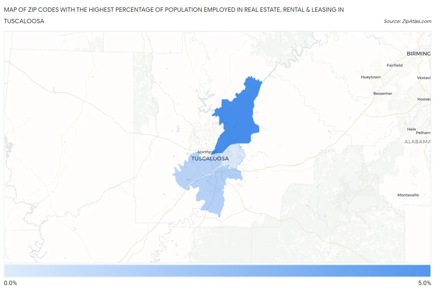 Zip Codes with the Highest Percentage of Population Employed in Real Estate, Rental & Leasing in Tuscaloosa Map
