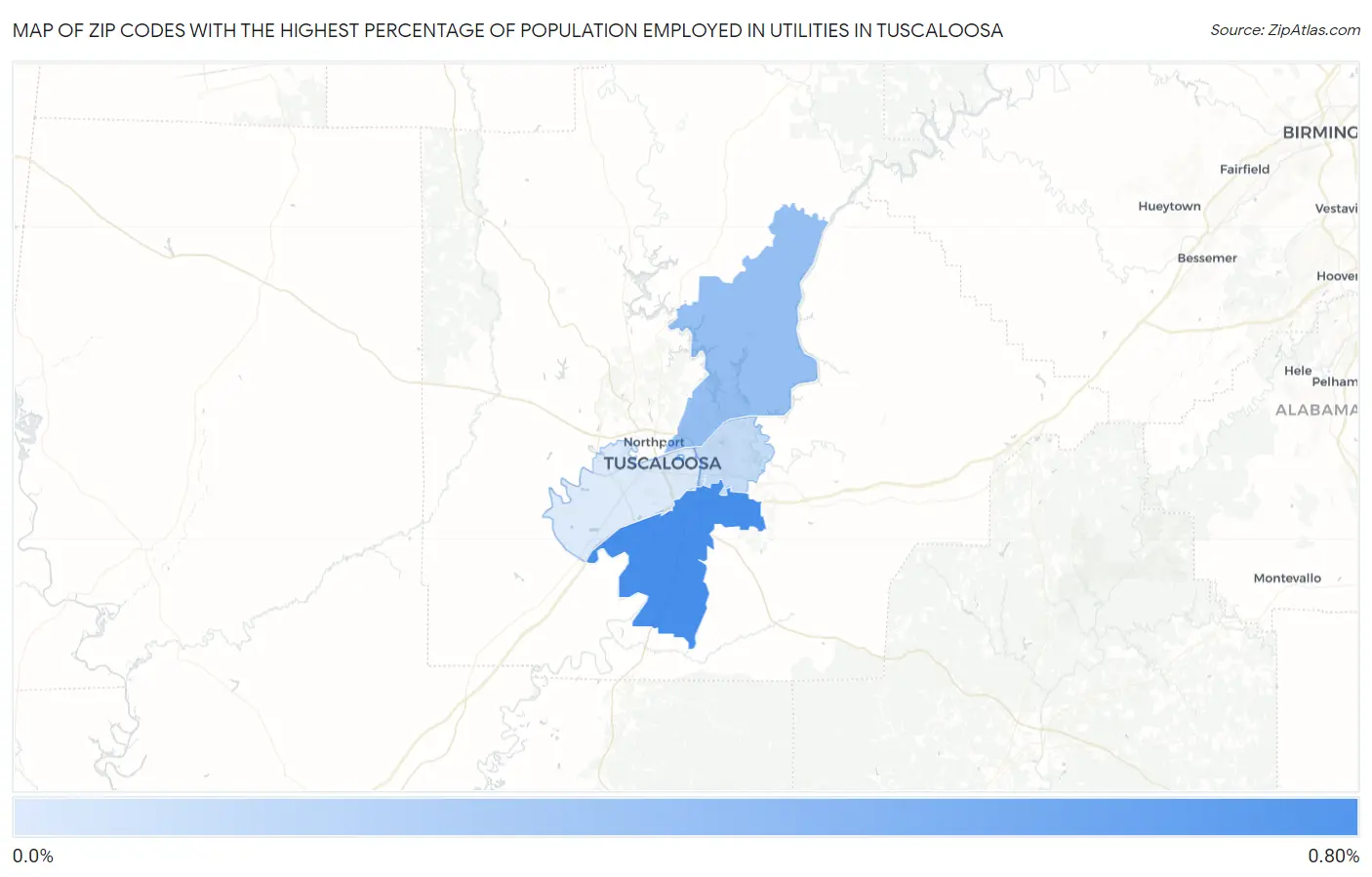 Zip Codes with the Highest Percentage of Population Employed in Utilities in Tuscaloosa Map