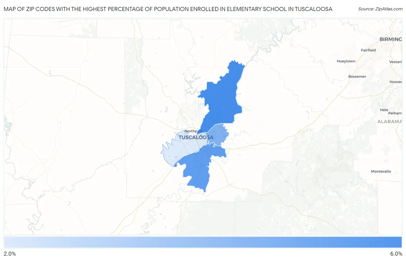 Zip Codes with the Highest Percentage of Population Enrolled in Elementary School in Tuscaloosa Map