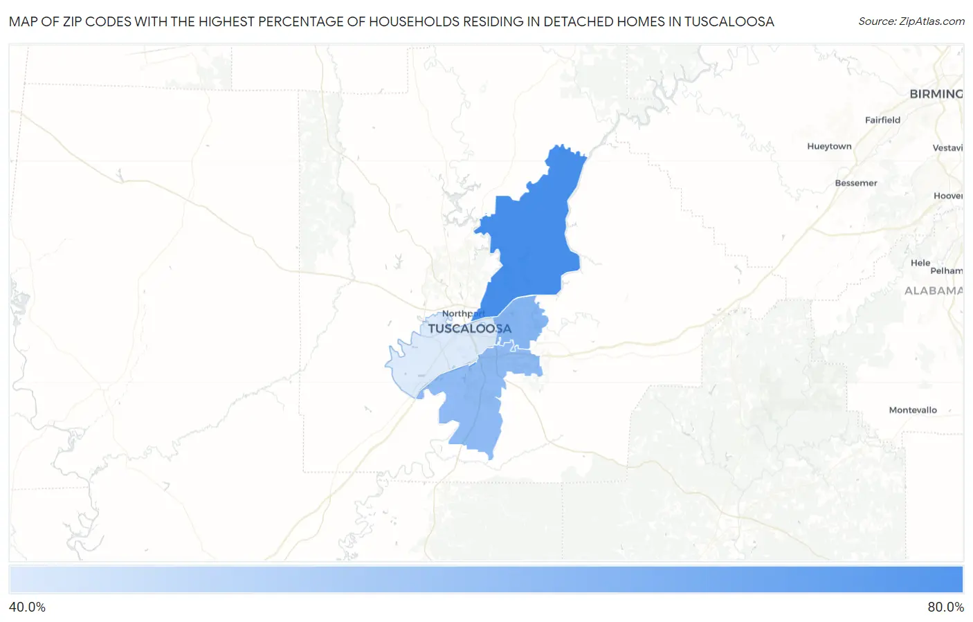 Zip Codes with the Highest Percentage of Households Residing in Detached Homes in Tuscaloosa Map