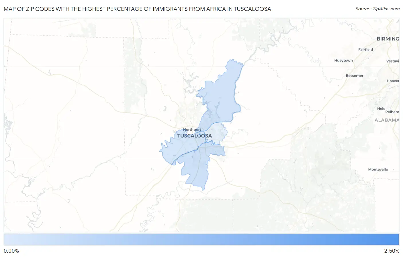 Zip Codes with the Highest Percentage of Immigrants from Africa in Tuscaloosa Map