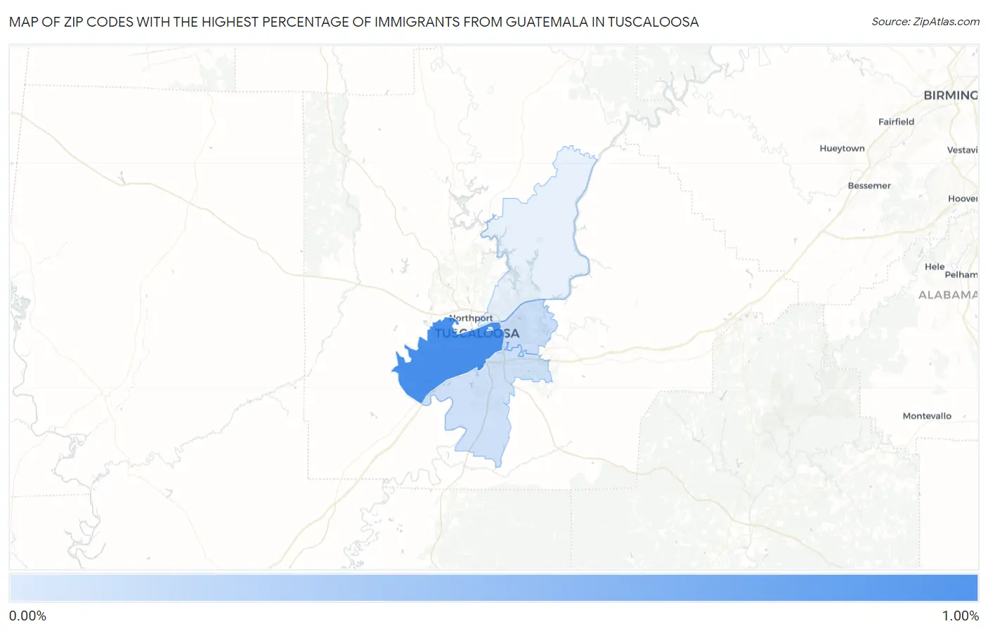 Zip Codes with the Highest Percentage of Immigrants from Guatemala in Tuscaloosa Map