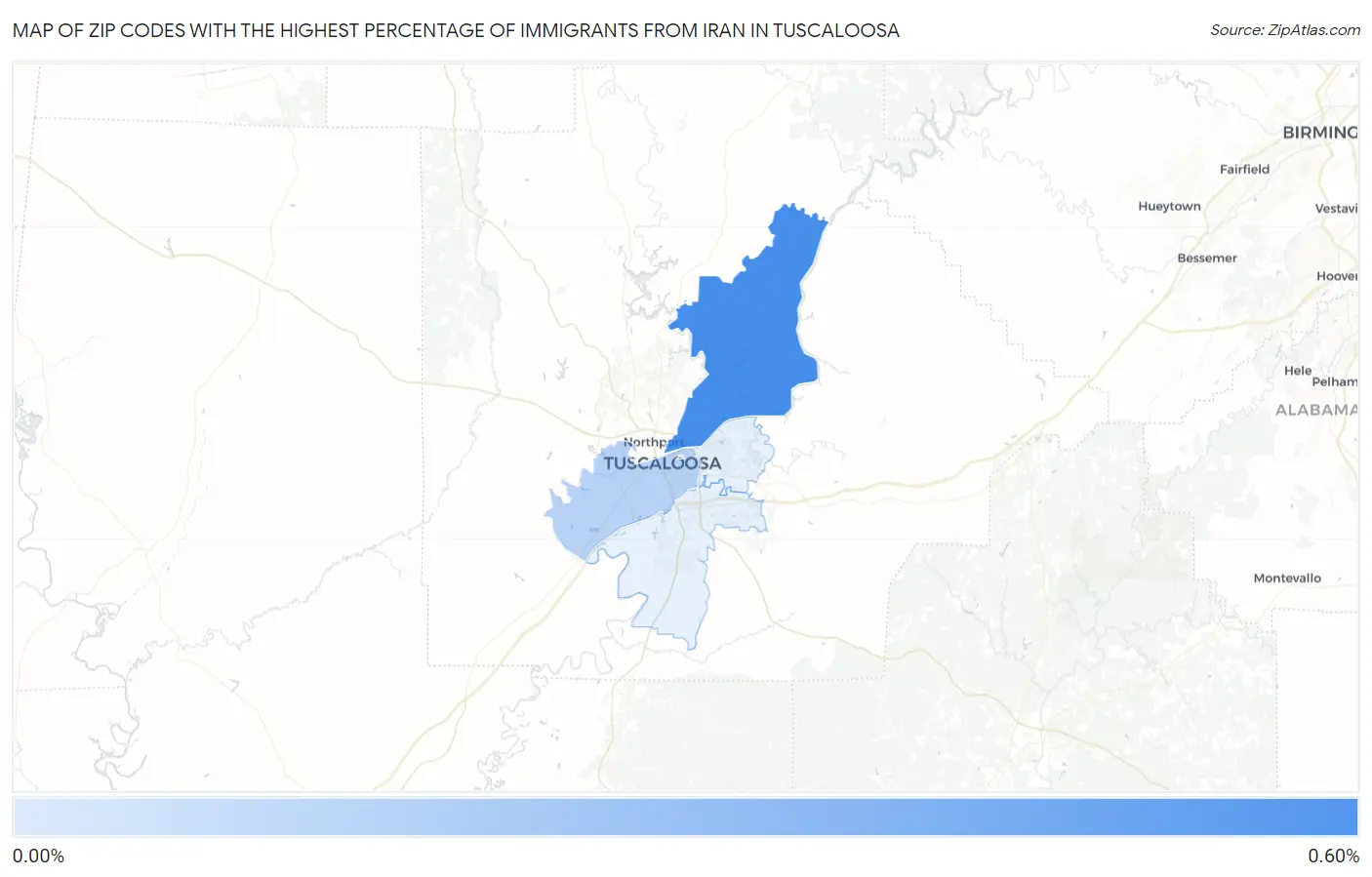 Zip Codes with the Highest Percentage of Immigrants from Iran in Tuscaloosa Map