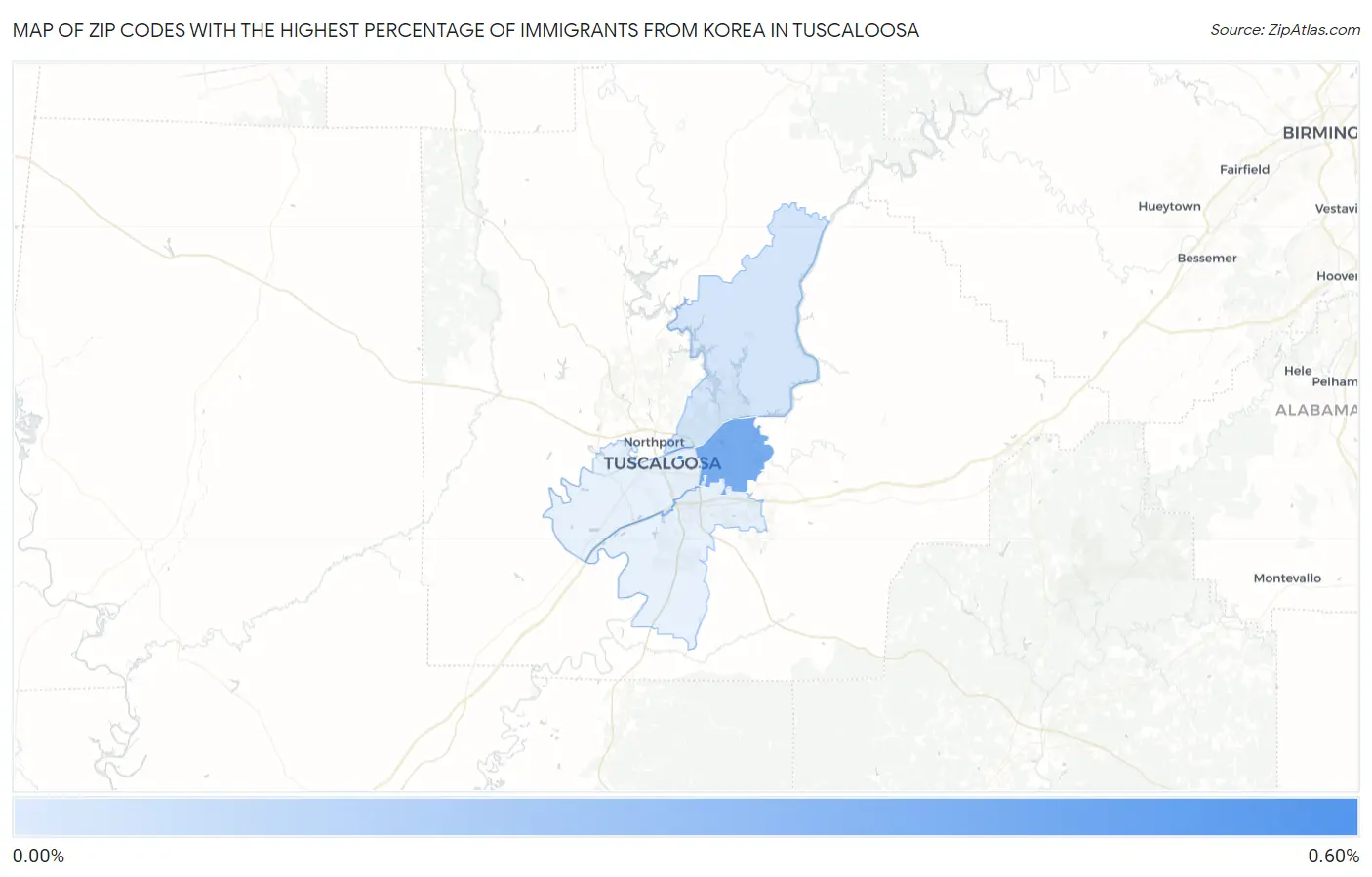 Zip Codes with the Highest Percentage of Immigrants from Korea in Tuscaloosa Map