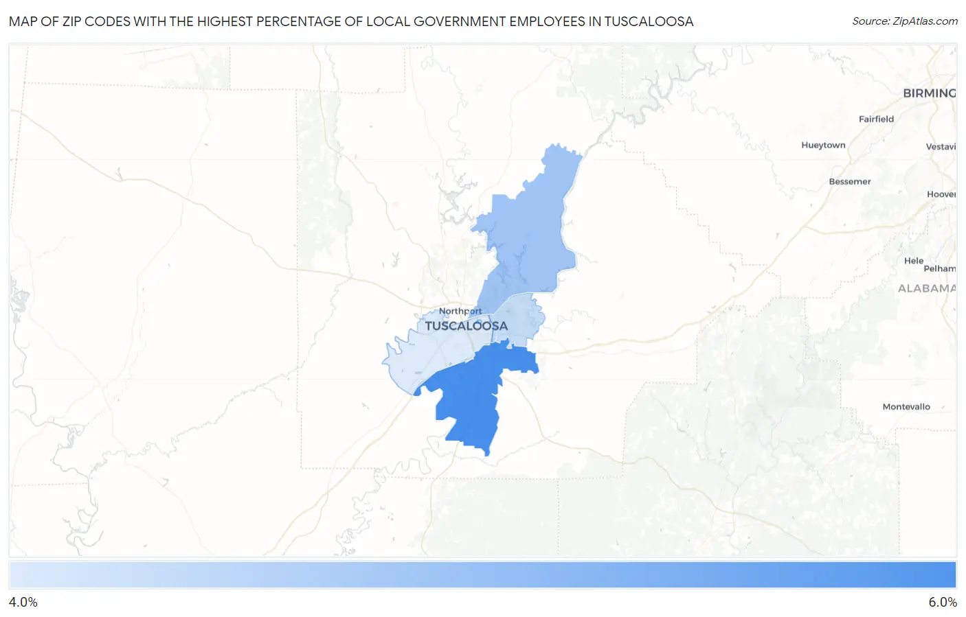 Zip Codes with the Highest Percentage of Local Government Employees in Tuscaloosa Map