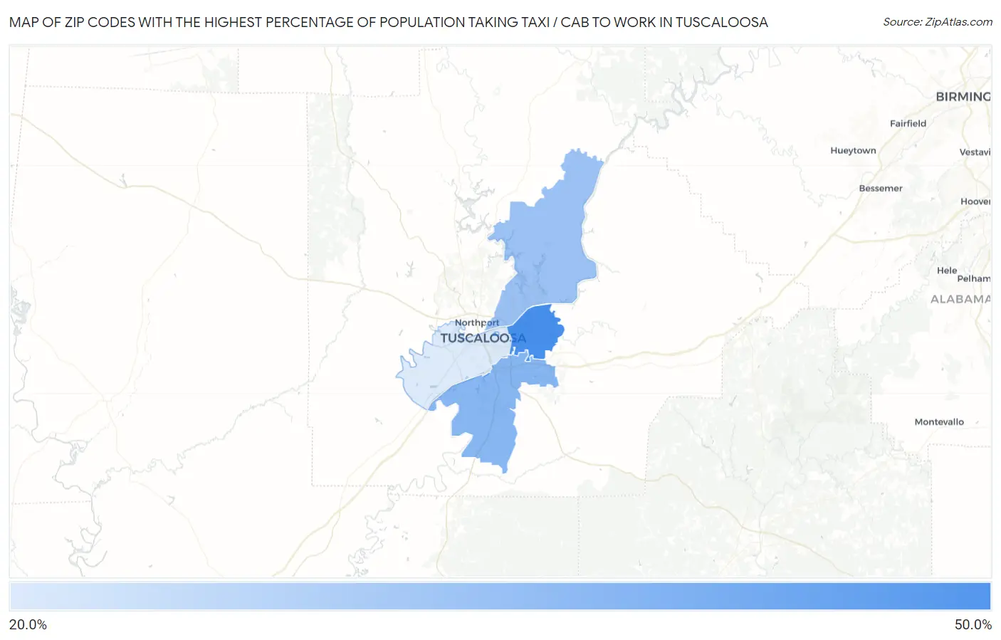 Zip Codes with the Highest Percentage of Population Taking Taxi / Cab to Work in Tuscaloosa Map
