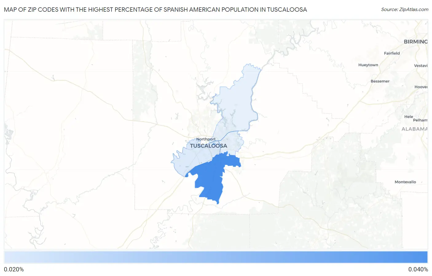 Zip Codes with the Highest Percentage of Spanish American Population in Tuscaloosa Map