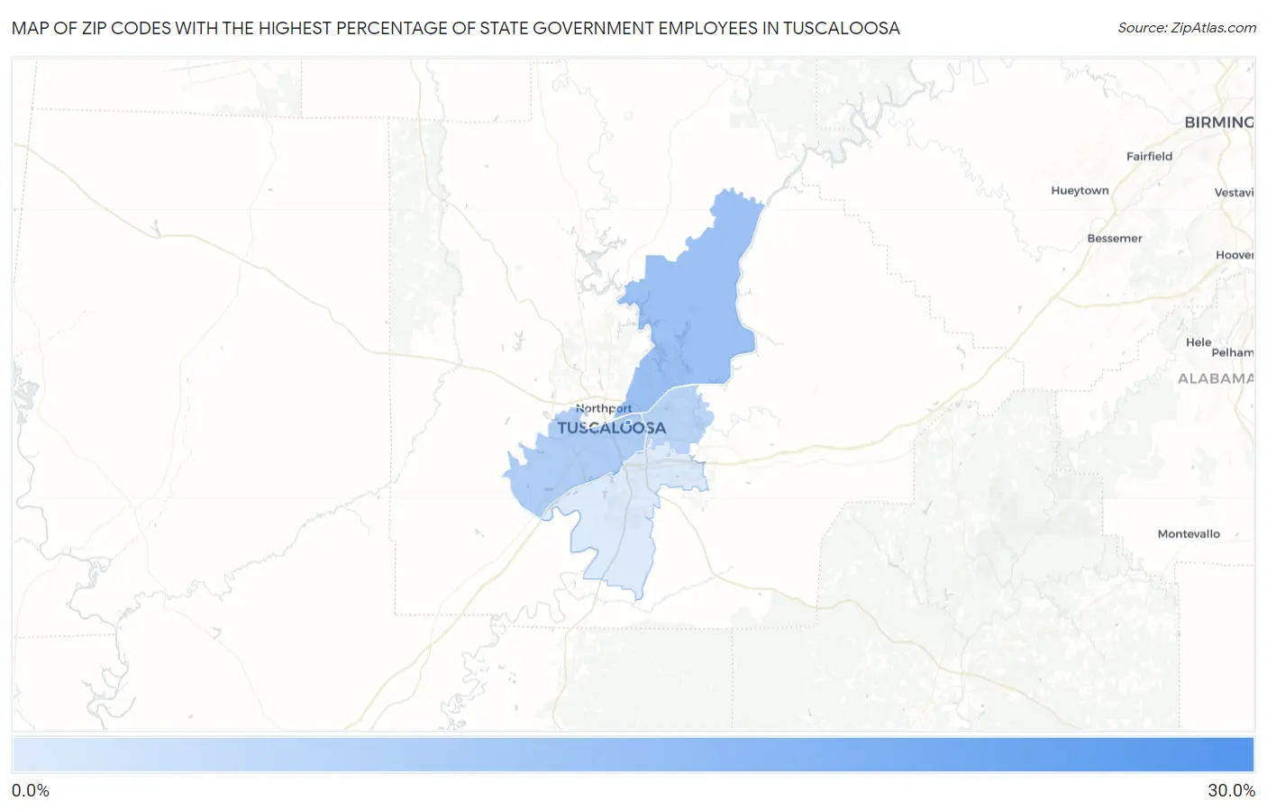 Zip Codes with the Highest Percentage of State Government Employees in Tuscaloosa Map