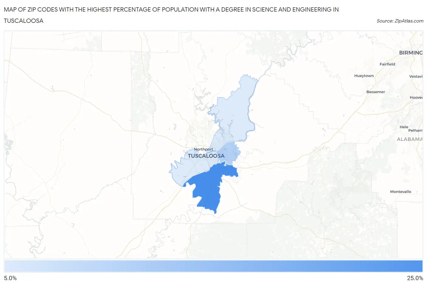 Zip Codes with the Highest Percentage of Population with a Degree in Science and Engineering in Tuscaloosa Map