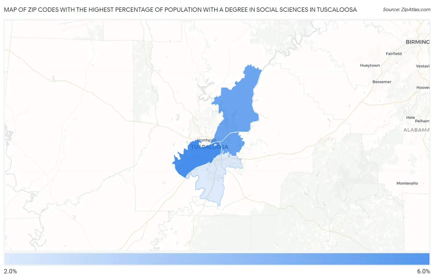 Zip Codes with the Highest Percentage of Population with a Degree in Social Sciences in Tuscaloosa Map