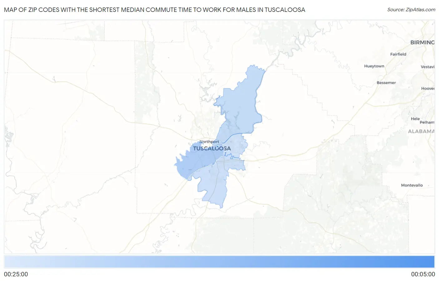 Zip Codes with the Shortest Median Commute Time to Work for Males in Tuscaloosa Map