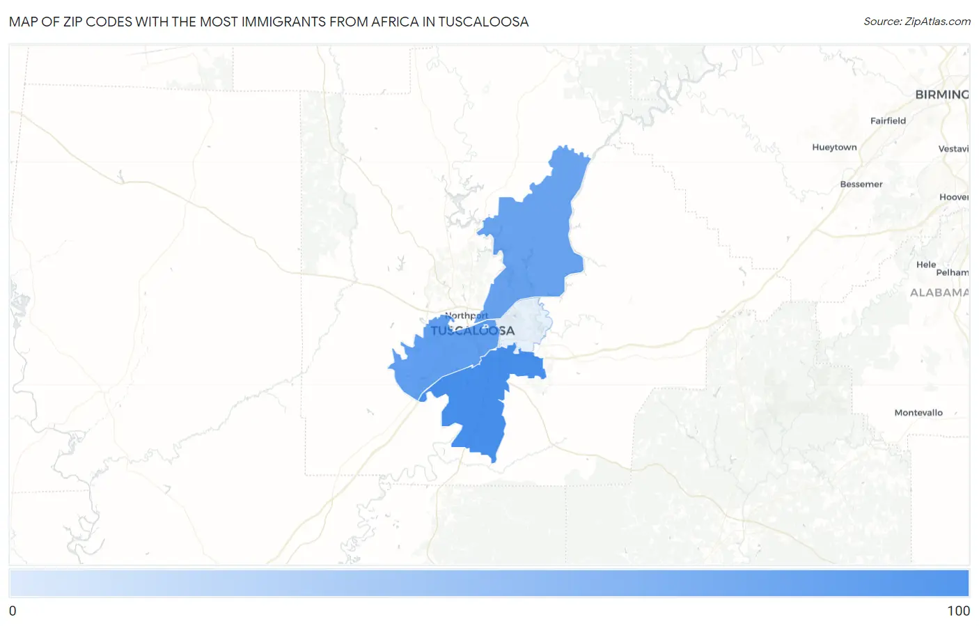 Zip Codes with the Most Immigrants from Africa in Tuscaloosa Map