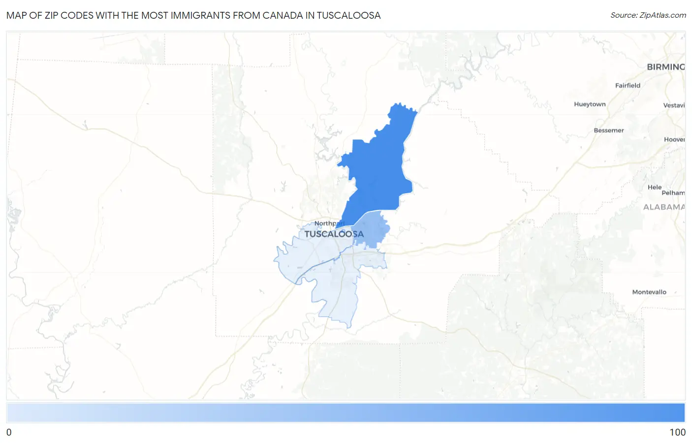 Zip Codes with the Most Immigrants from Canada in Tuscaloosa Map