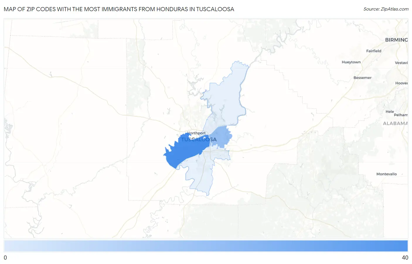 Zip Codes with the Most Immigrants from Honduras in Tuscaloosa Map