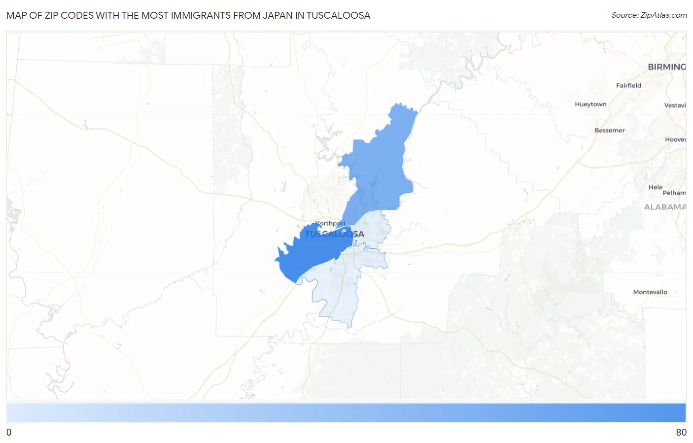 Zip Codes with the Most Immigrants from Japan in Tuscaloosa Map