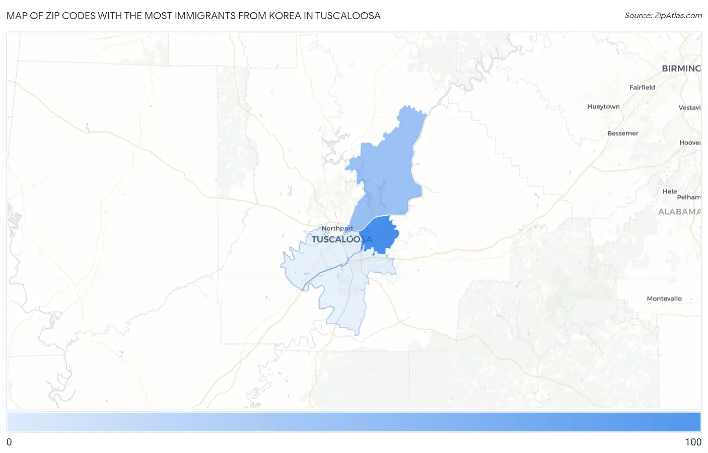 Zip Codes with the Most Immigrants from Korea in Tuscaloosa Map