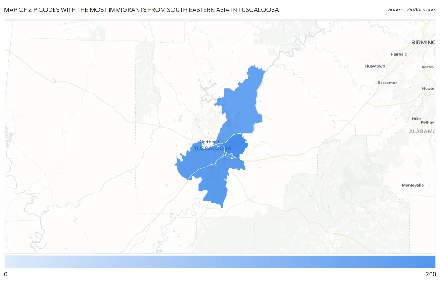 Zip Codes with the Most Immigrants from South Eastern Asia in Tuscaloosa Map