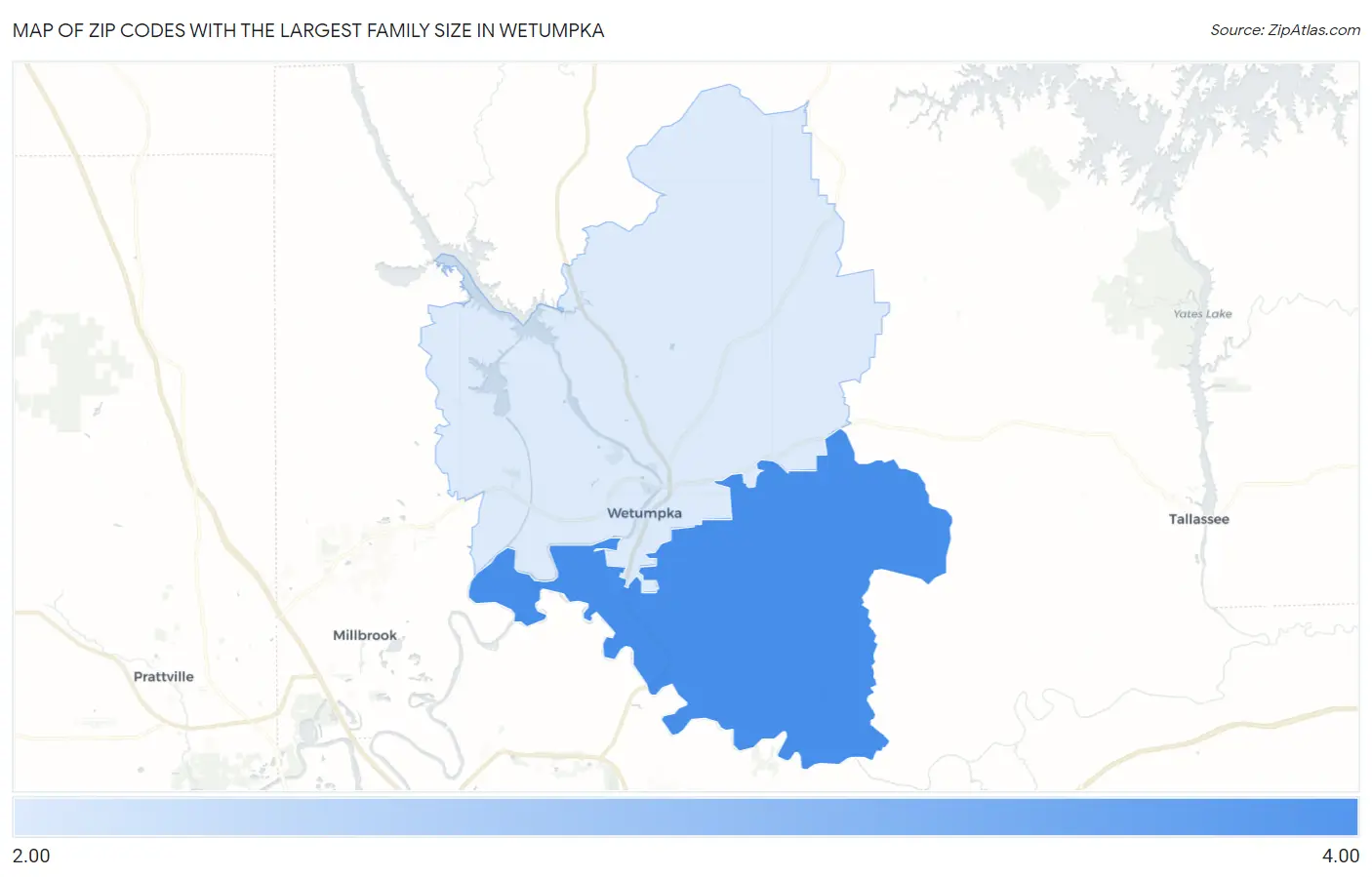 Zip Codes with the Largest Family Size in Wetumpka Map