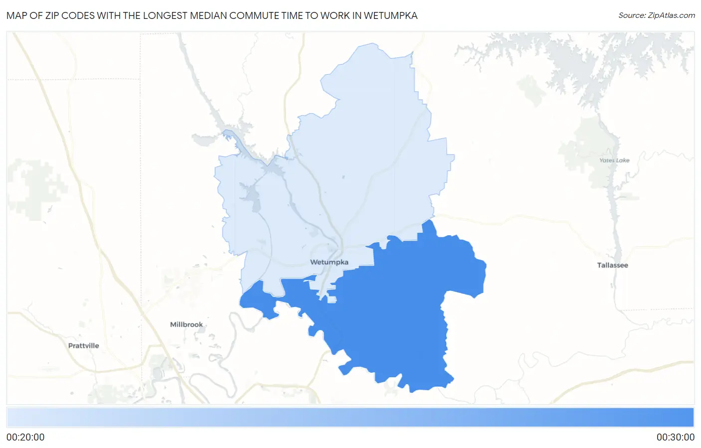 Zip Codes with the Longest Median Commute Time to Work in Wetumpka Map