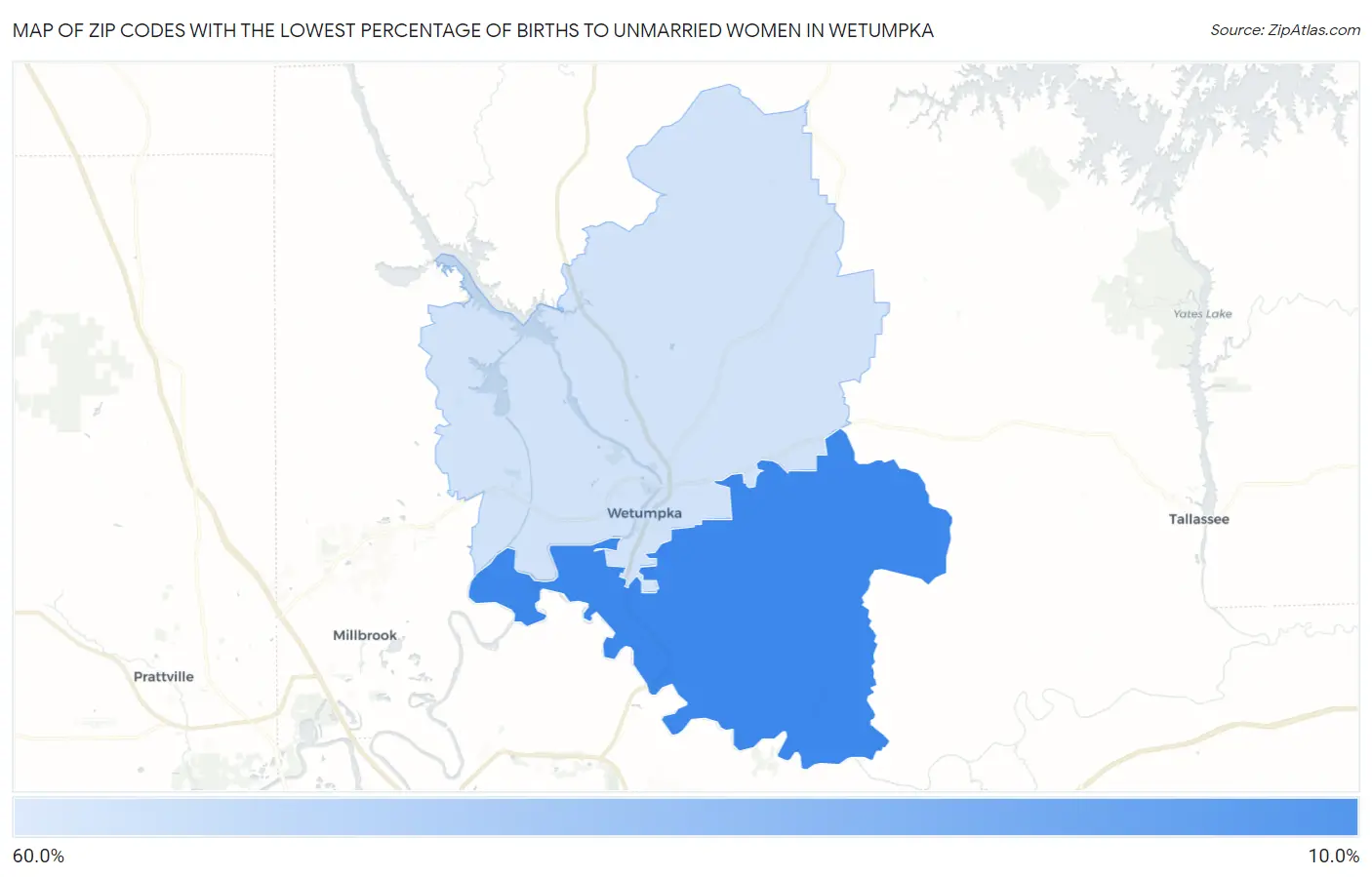 Zip Codes with the Lowest Percentage of Births to Unmarried Women in Wetumpka Map