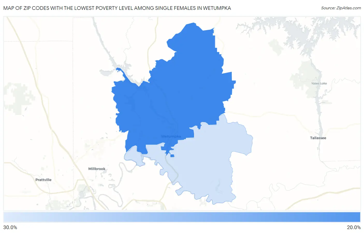 Zip Codes with the Lowest Poverty Level Among Single Females in Wetumpka Map