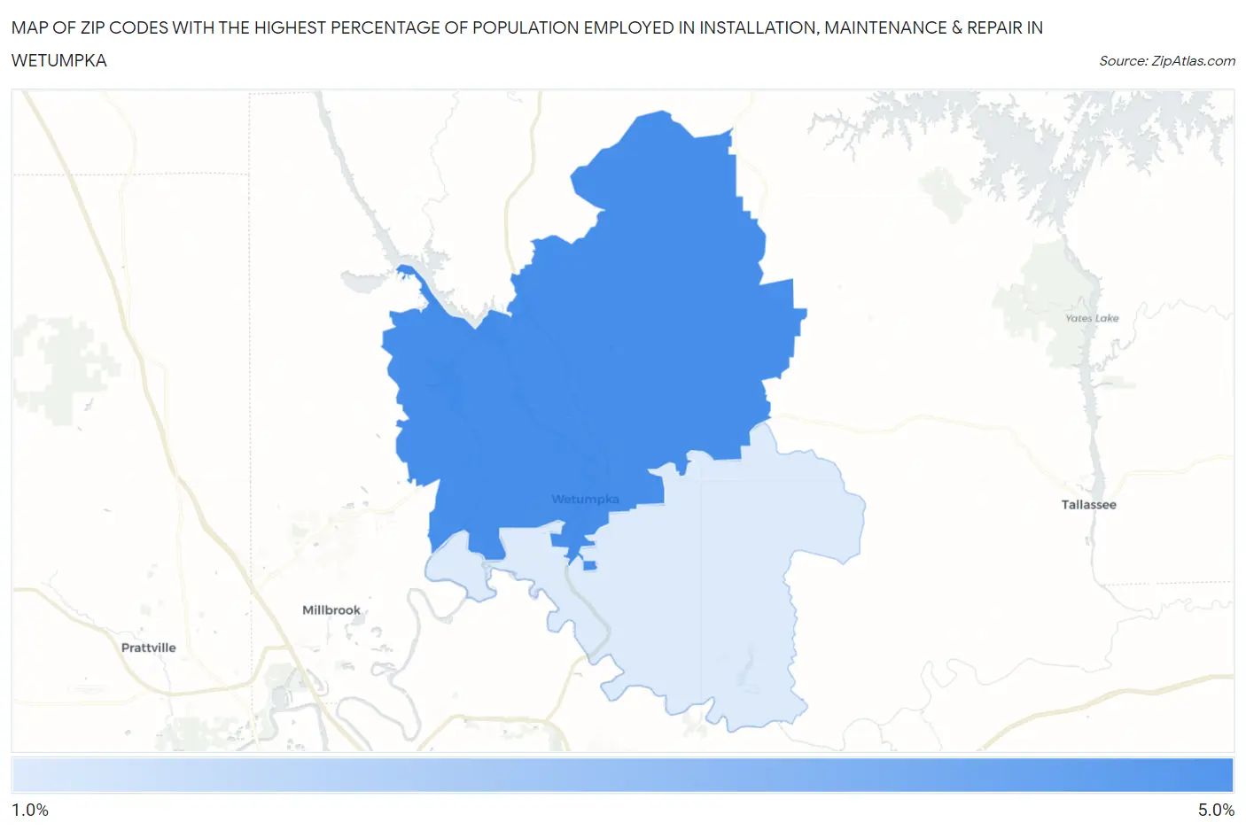 Zip Codes with the Highest Percentage of Population Employed in Installation, Maintenance & Repair in Wetumpka Map
