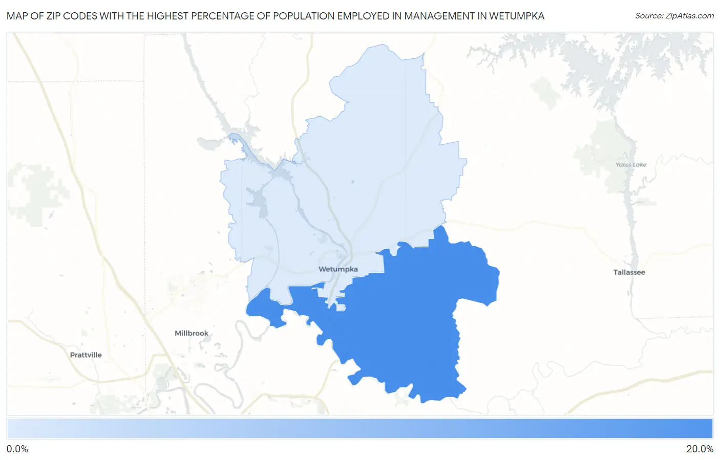 Zip Codes with the Highest Percentage of Population Employed in Management in Wetumpka Map