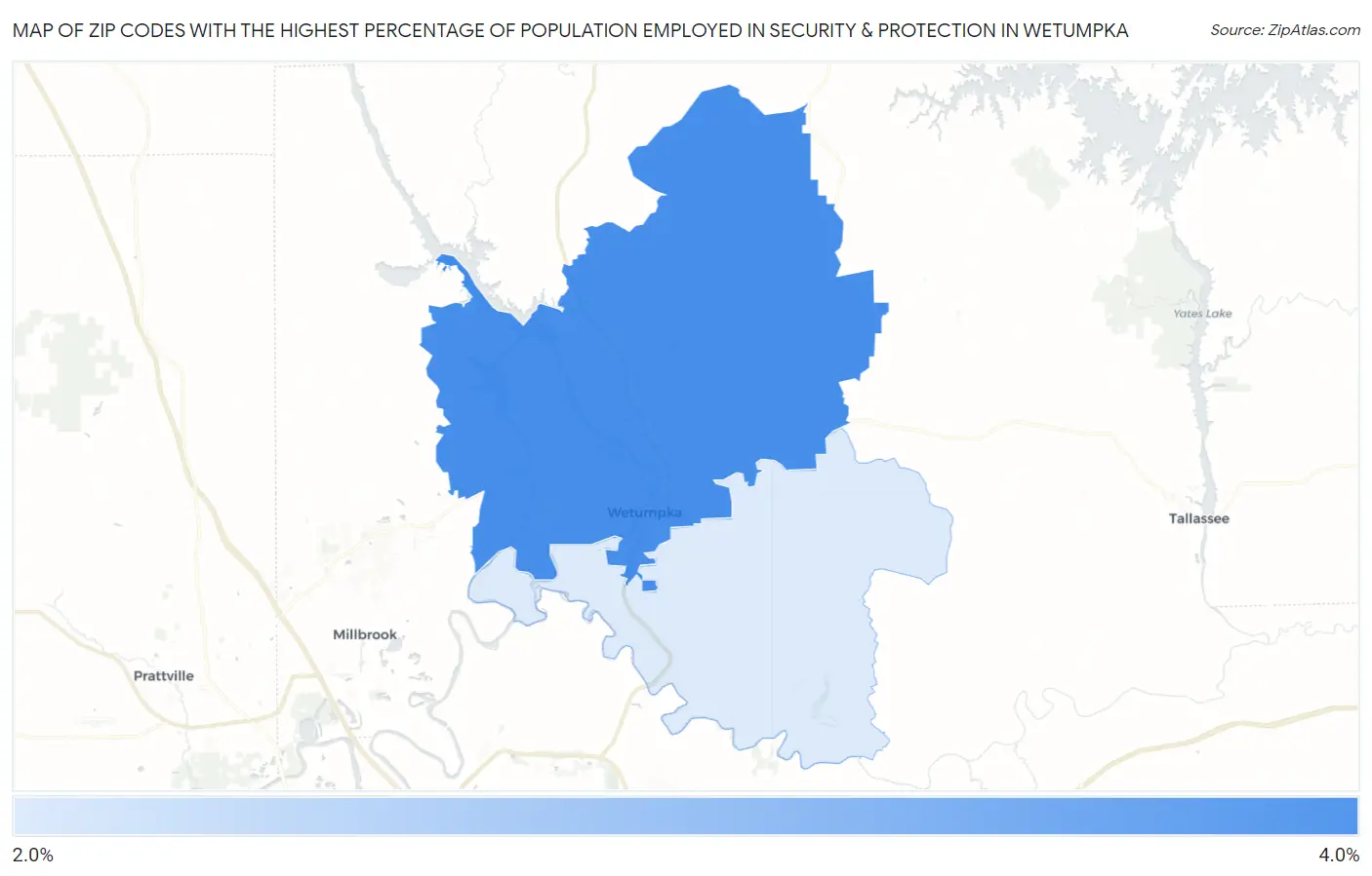 Zip Codes with the Highest Percentage of Population Employed in Security & Protection in Wetumpka Map