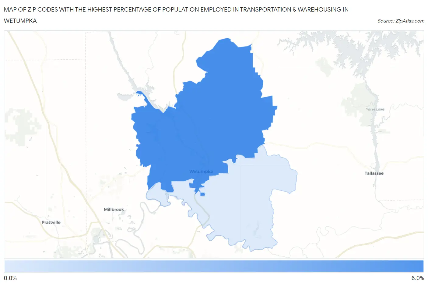 Zip Codes with the Highest Percentage of Population Employed in Transportation & Warehousing in Wetumpka Map