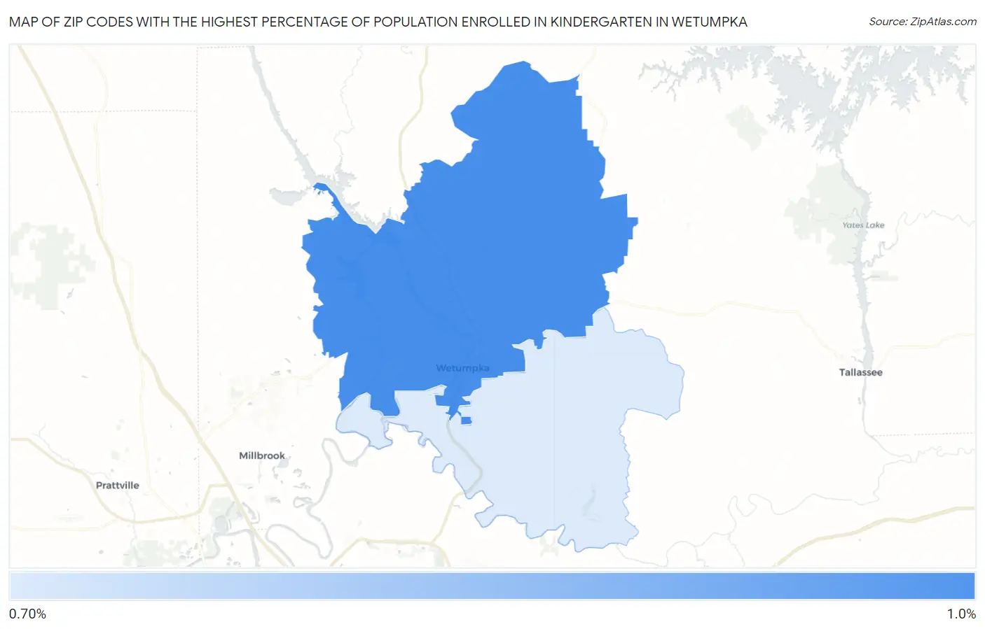 Zip Codes with the Highest Percentage of Population Enrolled in Kindergarten in Wetumpka Map