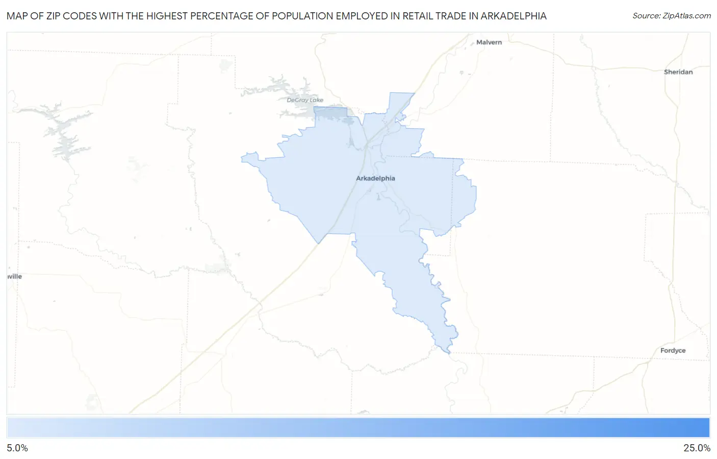 Zip Codes with the Highest Percentage of Population Employed in Retail Trade in Arkadelphia Map