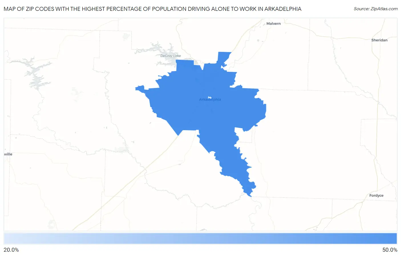 Zip Codes with the Highest Percentage of Population Driving Alone to Work in Arkadelphia Map
