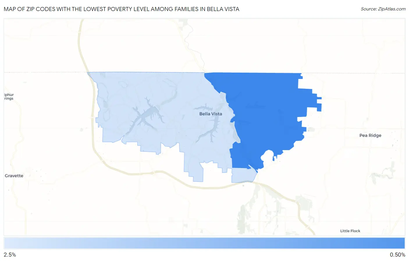 Zip Codes with the Lowest Poverty Level Among Families in Bella Vista Map