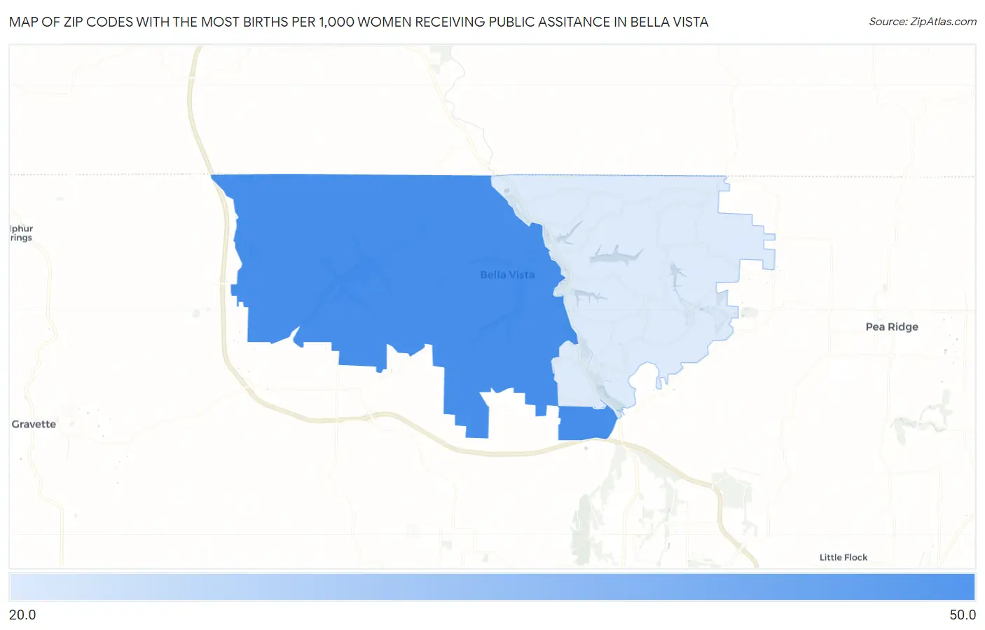 Zip Codes with the Most Births per 1,000 Women Receiving Public Assitance in Bella Vista Map