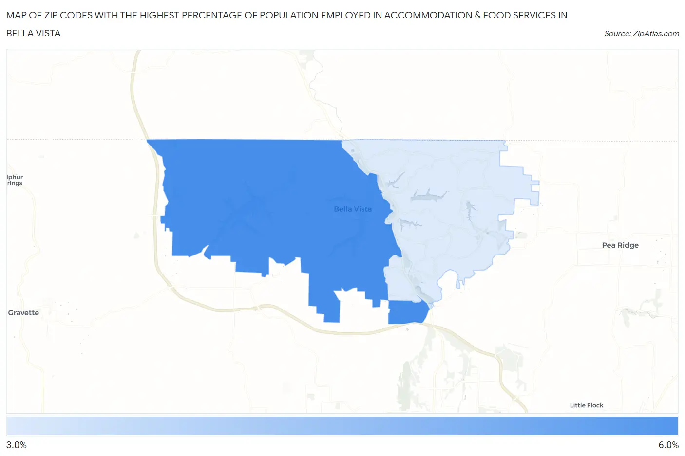 Zip Codes with the Highest Percentage of Population Employed in Accommodation & Food Services in Bella Vista Map