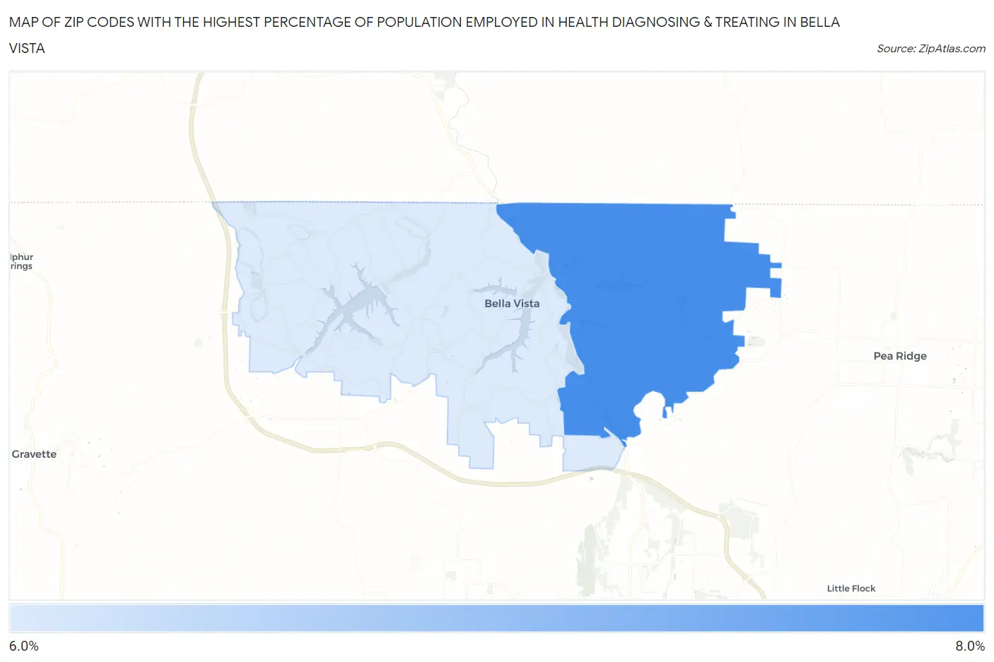 Zip Codes with the Highest Percentage of Population Employed in Health Diagnosing & Treating in Bella Vista Map