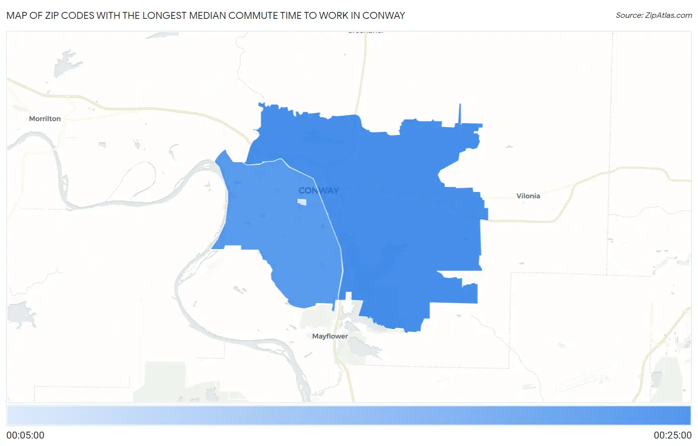 Zip Codes with the Longest Median Commute Time to Work in Conway Map
