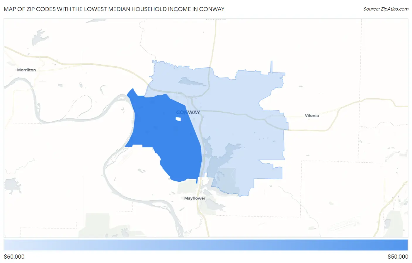 Zip Codes with the Lowest Median Household Income in Conway Map