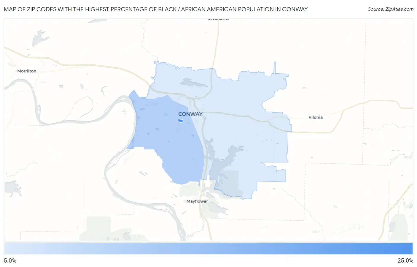 Zip Codes with the Highest Percentage of Black / African American Population in Conway Map