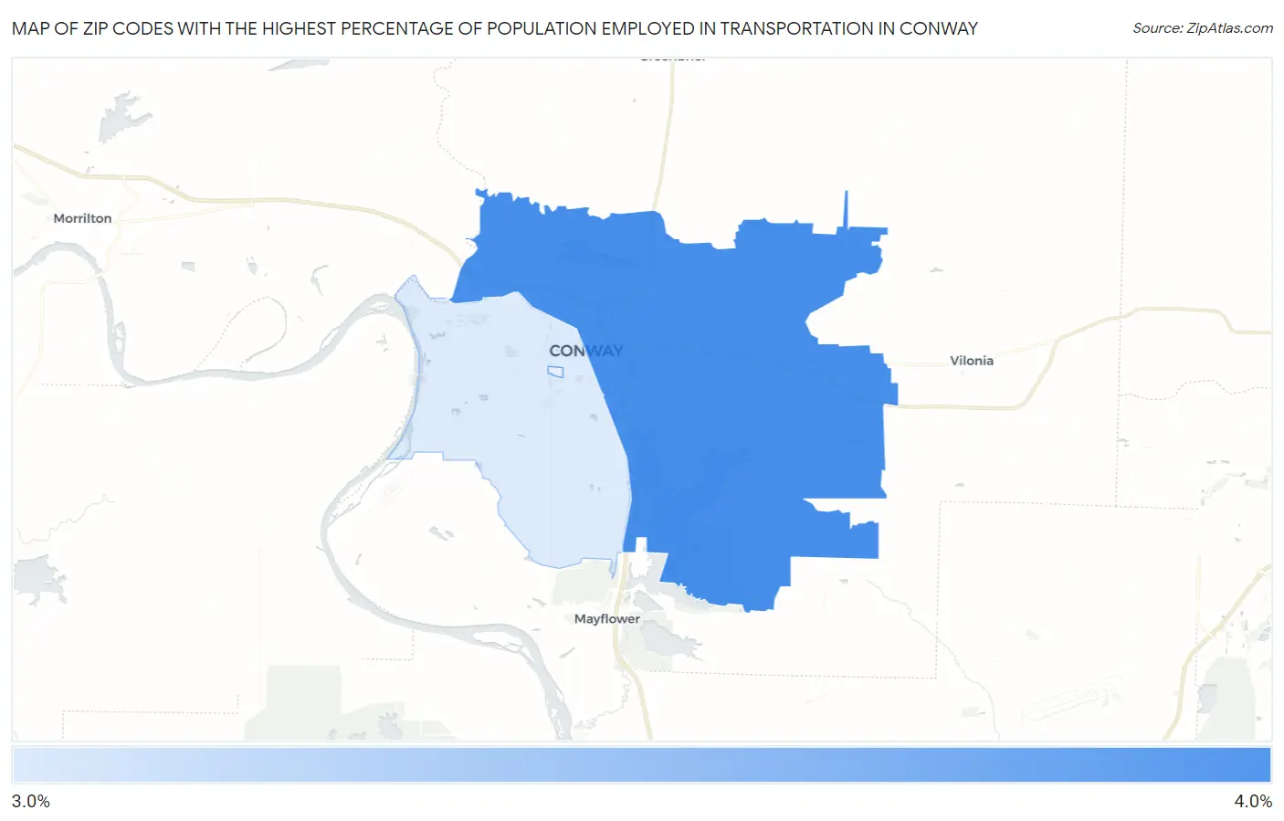 Zip Codes with the Highest Percentage of Population Employed in Transportation in Conway Map