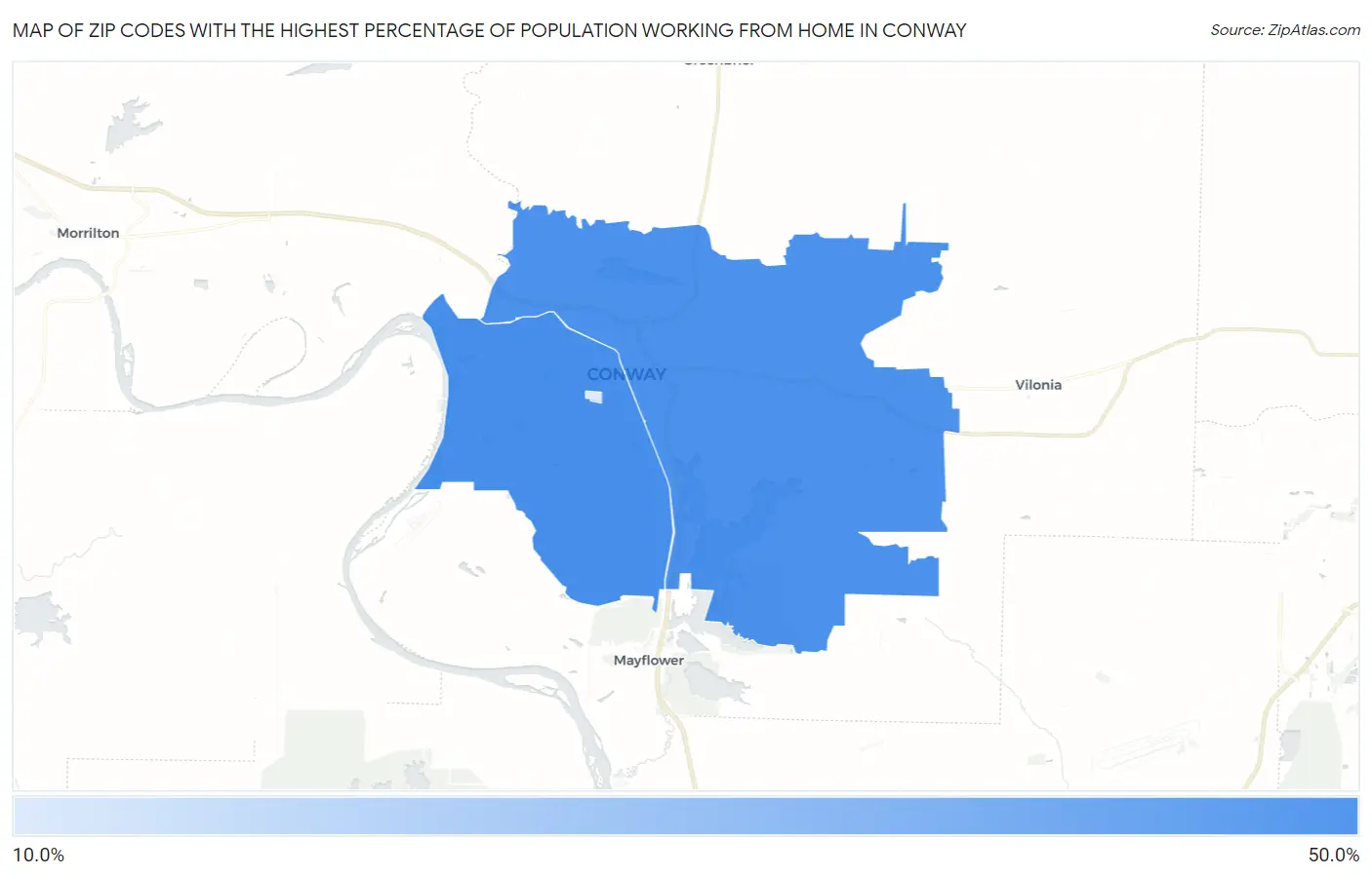 Zip Codes with the Highest Percentage of Population Working from Home in Conway Map