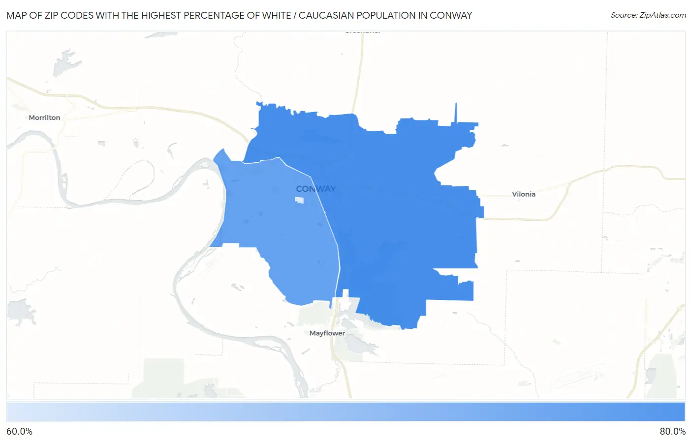 Zip Codes with the Highest Percentage of White / Caucasian Population in Conway Map