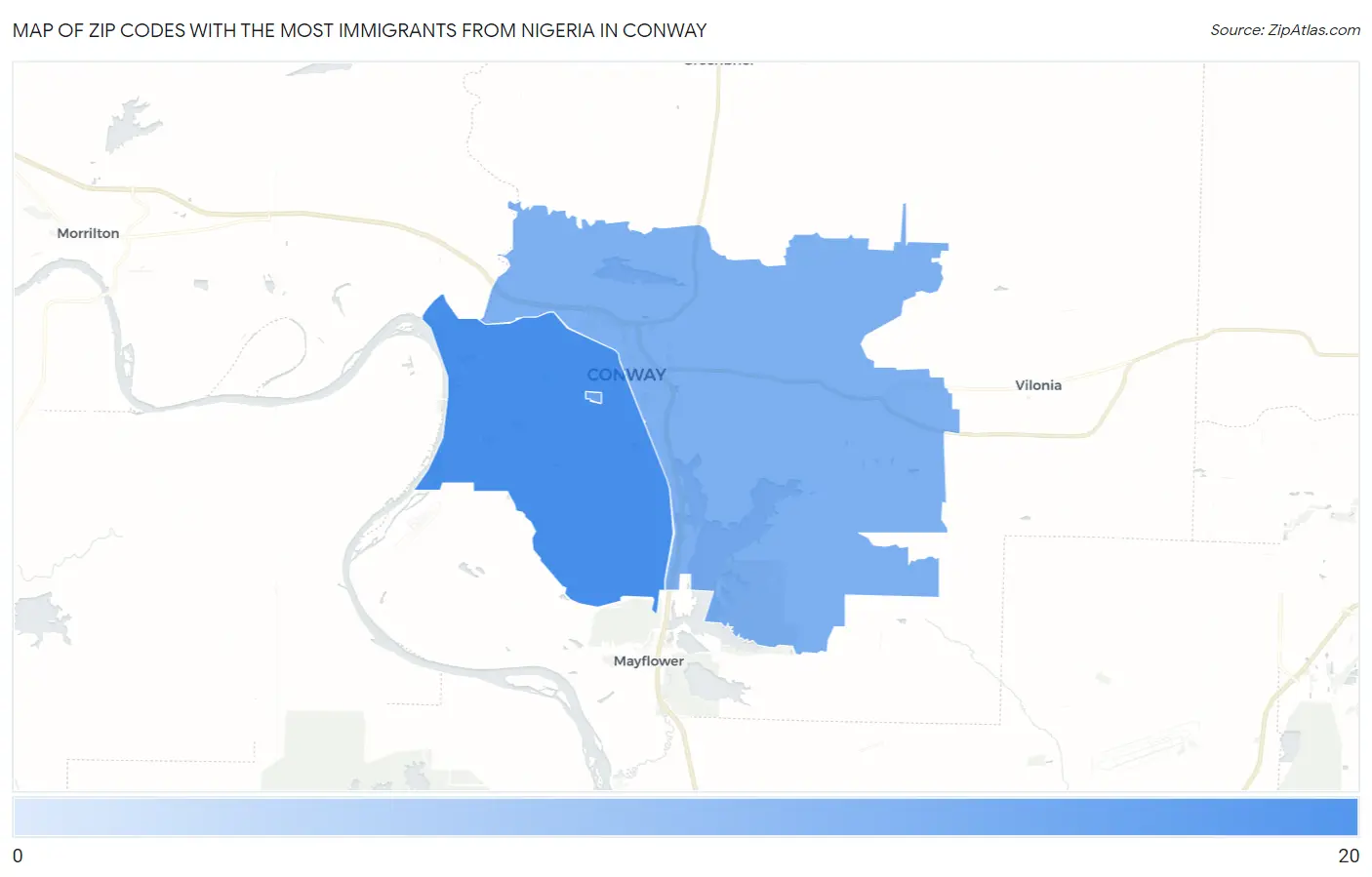 Zip Codes with the Most Immigrants from Nigeria in Conway Map