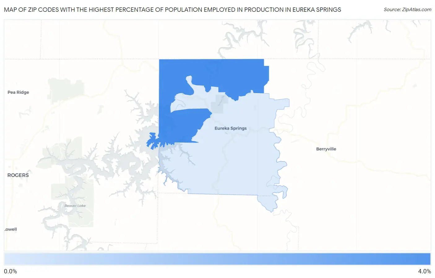 Zip Codes with the Highest Percentage of Population Employed in Production in Eureka Springs Map
