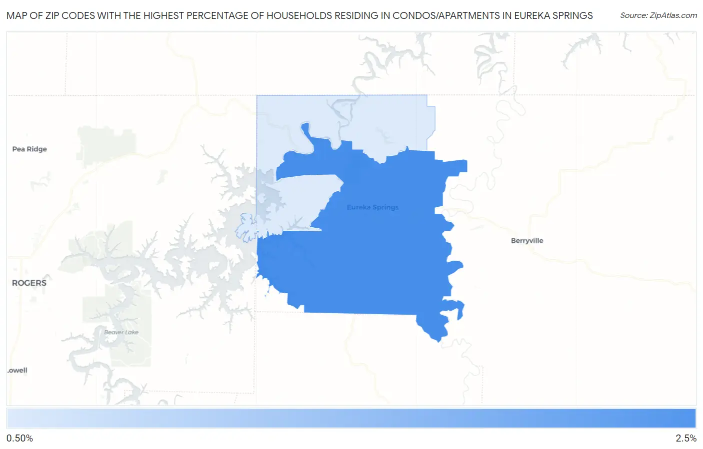Zip Codes with the Highest Percentage of Households Residing in Condos/Apartments in Eureka Springs Map