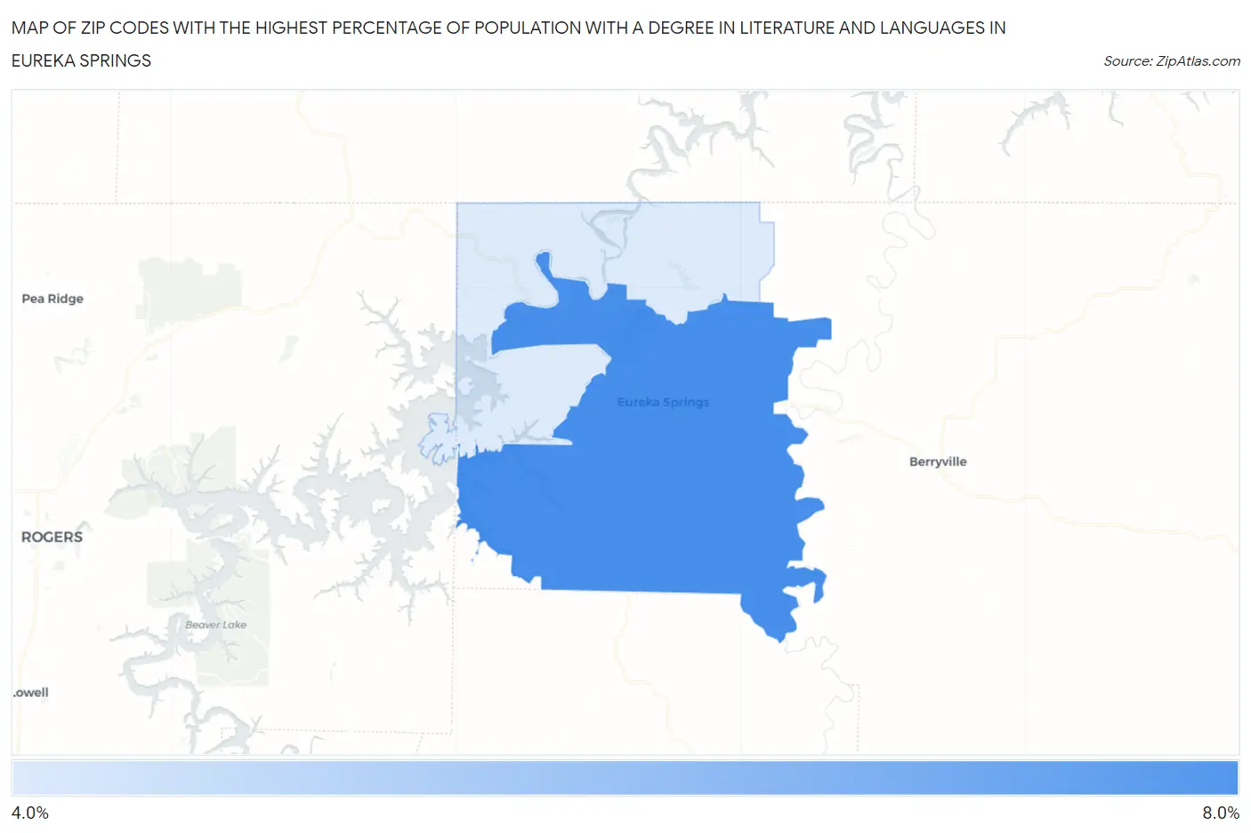 Zip Codes with the Highest Percentage of Population with a Degree in Literature and Languages in Eureka Springs Map